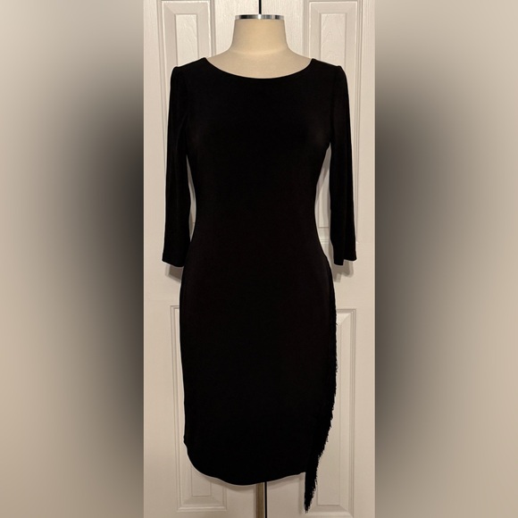 Calvin Klein Black Fringe Midi Dress Size 8 3/4 Sleeve V Back